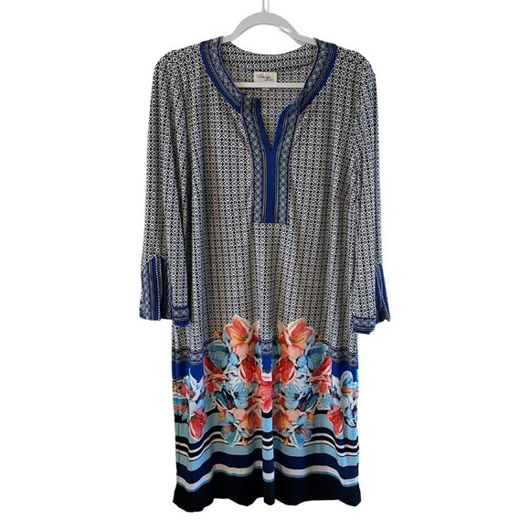 NWOT Beige by eci Blue/black floral Striped mixed pattern dress XL vneck stretch - Picture 1 of 5